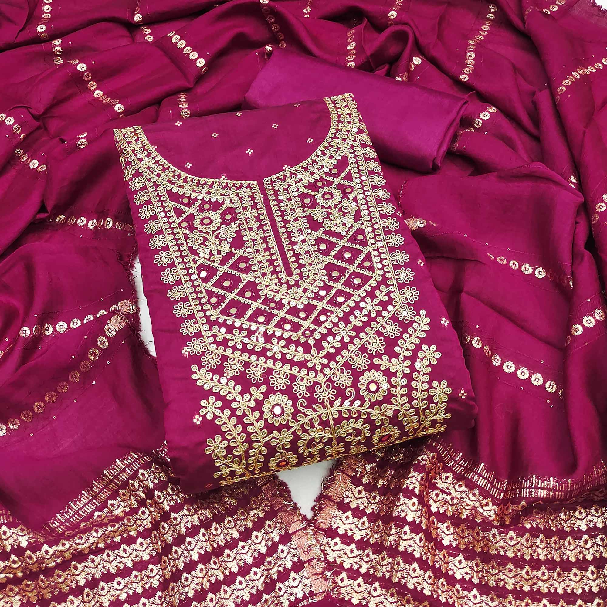 Rani Pink Chanderi Silk Dress Material With Intricate Floral Sequins Embroidery & Butti Work