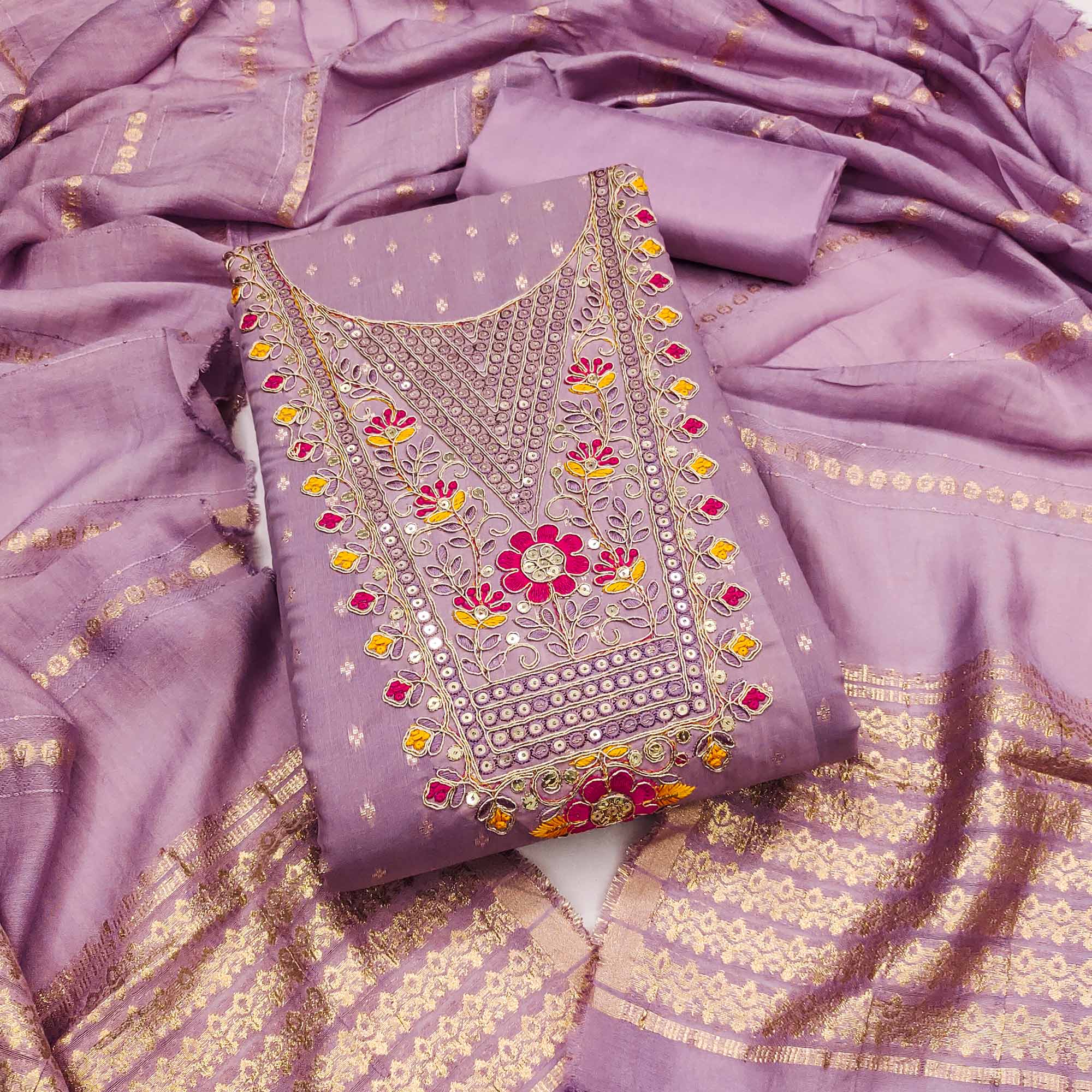 Lavender Chanderi Silk Dress Material With Delicate Floral Sequins Embroidery & Butti Work