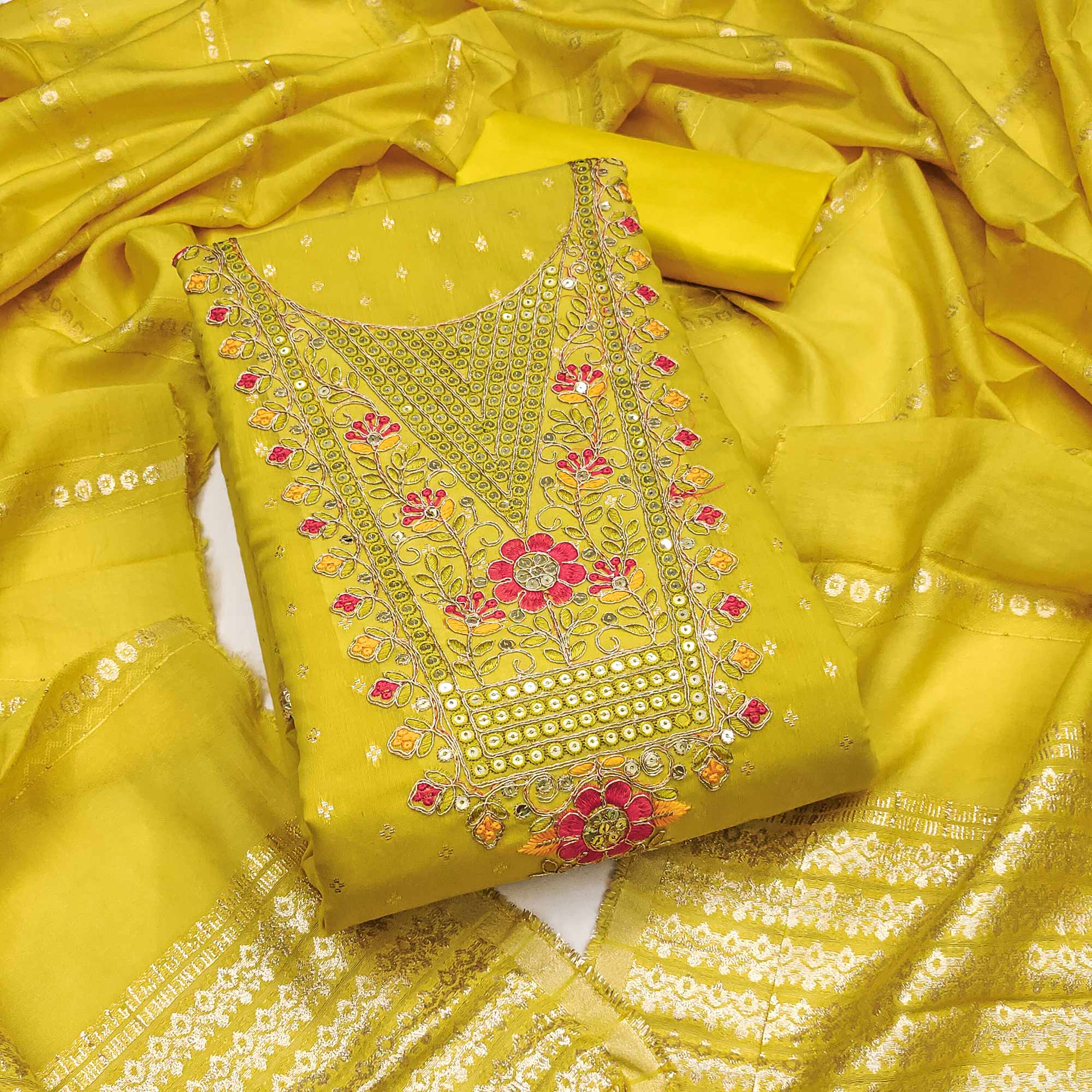 Mustard Chanderi Silk Dress Material With Delicate Floral Sequins Embroidery & Butti Work