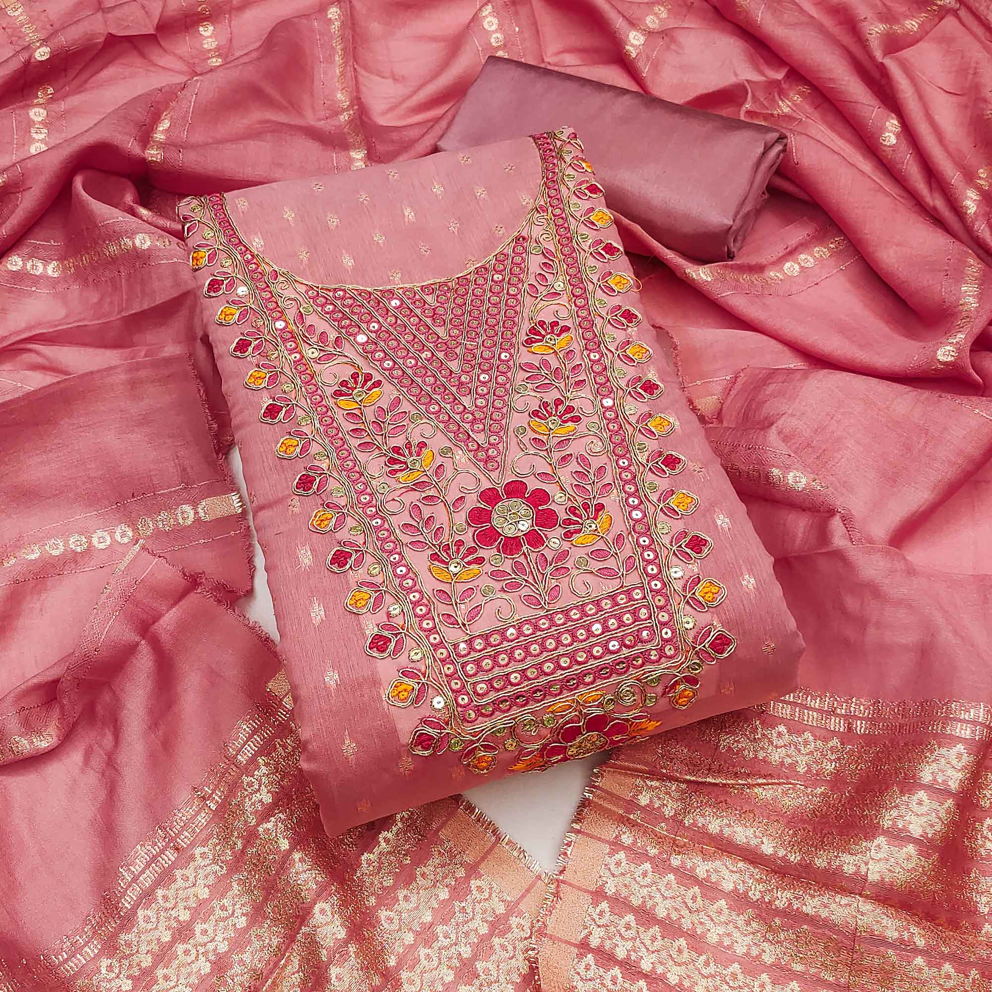 Peach Chanderi Silk Dress Material With Delicate Floral Sequins Embroidery & Butti Work