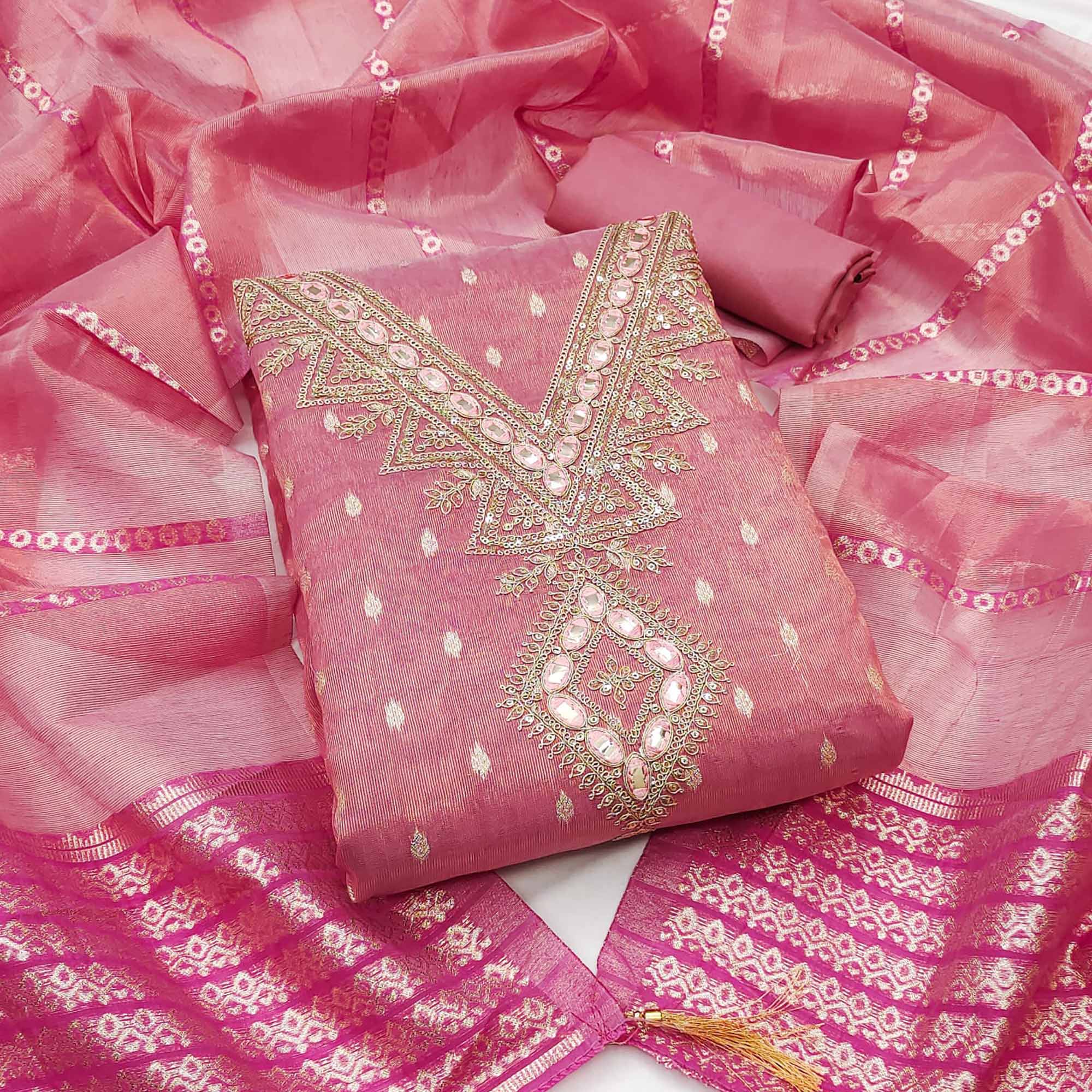 Peach Jacquard Dress Material with Zari Weaving and Sequin Accents