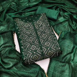 Bottle Green Shimmer Dress Material Featuring Zari Weaving & Beads Work