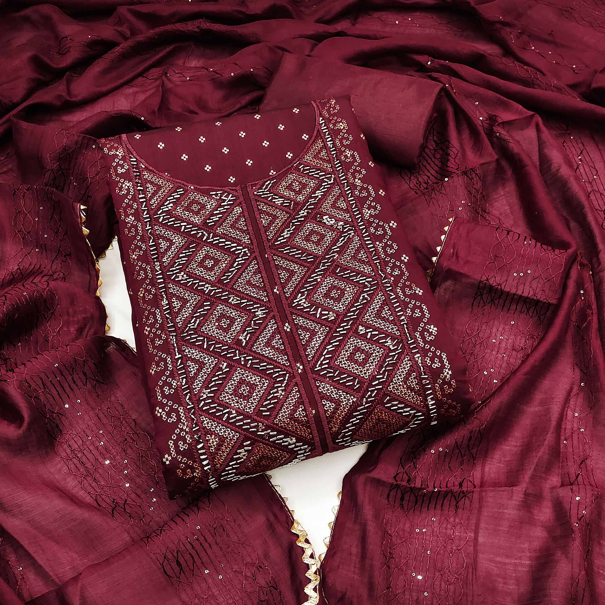 Maroon Shimmer Dress Material Featuring Zari Weaving & Beads Work