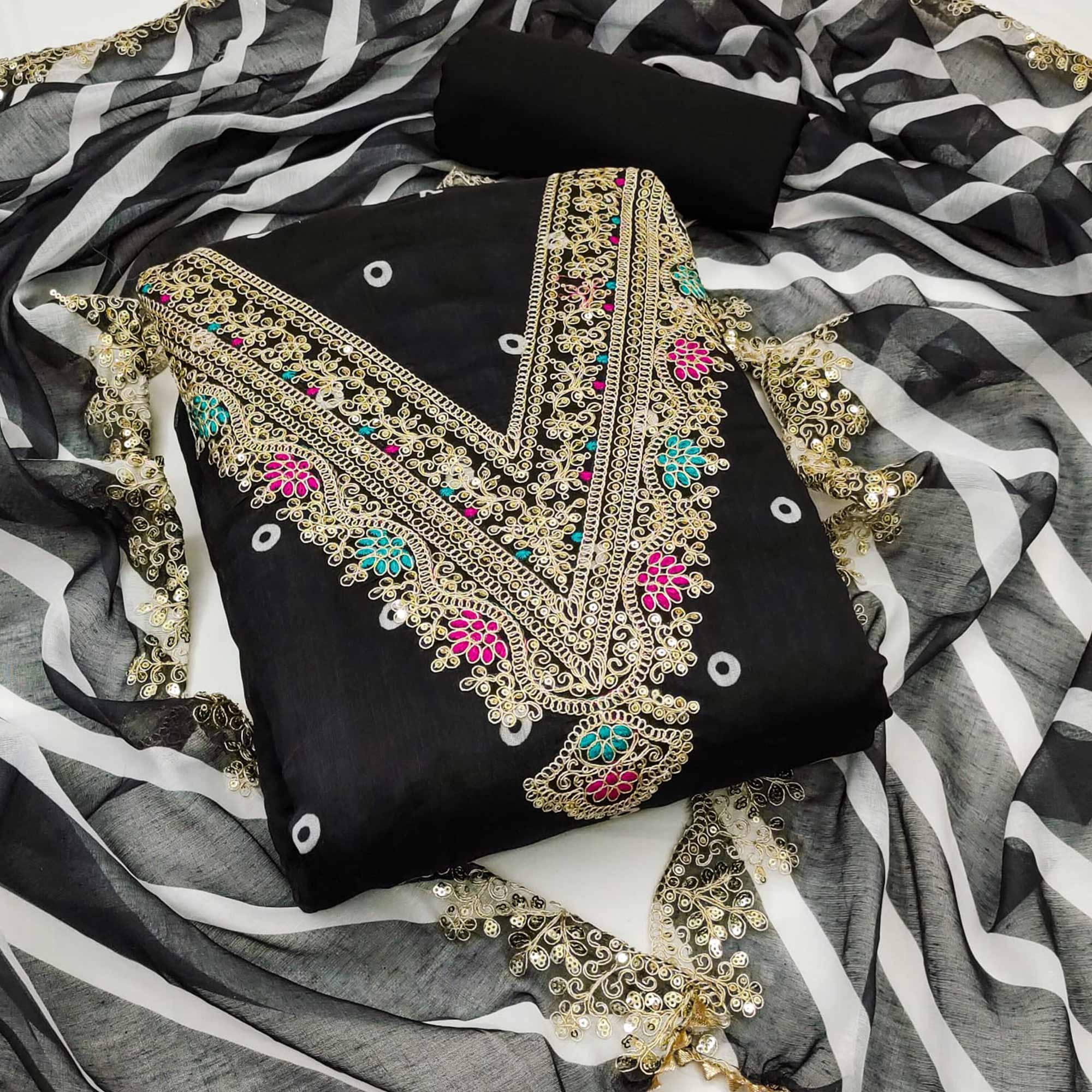 Black Printed Dress Material In Chanderi Silk with Intricate Cording & Sequin Work