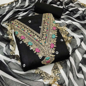 Black Printed Dress Material In Chanderi Silk with Intricate Cording & Sequin Work