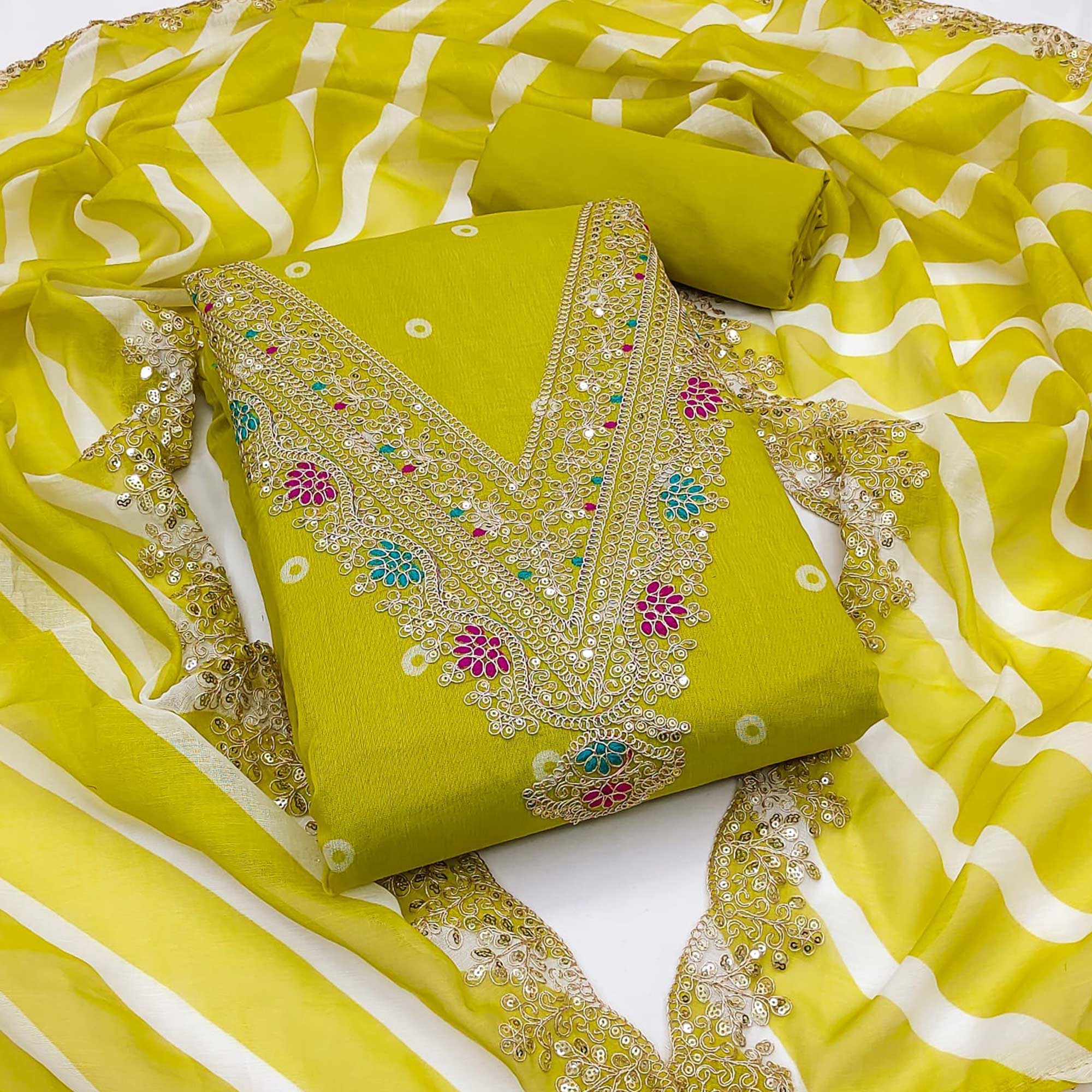 Green Printed Dress Material In Chanderi Silk with Intricate Cording & Sequin Work