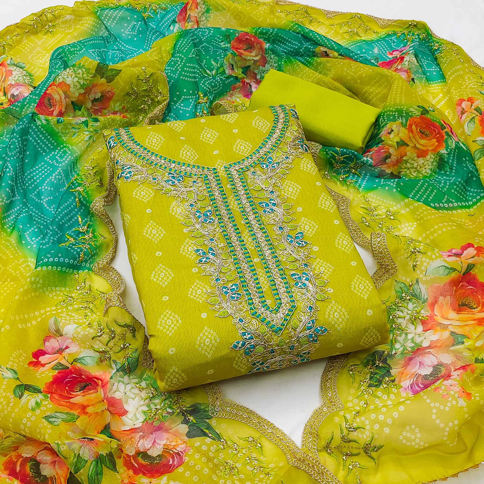 Green Bandhani Printed Chanderi Silk Dress Material With Sequin & Cording Embroidery