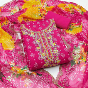 Rani Pink Bandhani Printed Chanderi Silk Dress Material With Sequin & Cording Embroidery