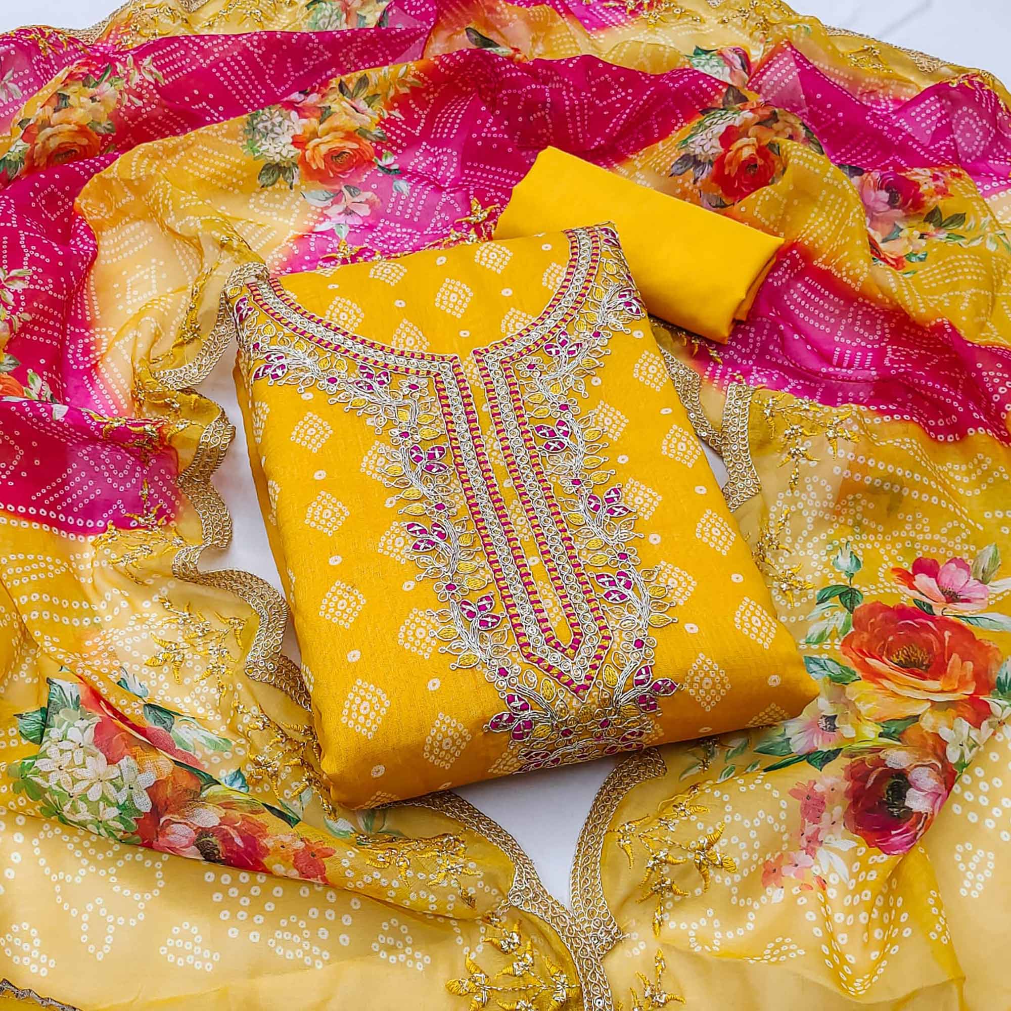Yellow Bandhani Printed Chanderi Silk Dress Material With Sequin & Cording Embroidery