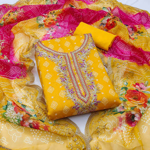 Yellow Bandhani Printed Chanderi Silk Dress Material With Sequin & Cording Embroidery
