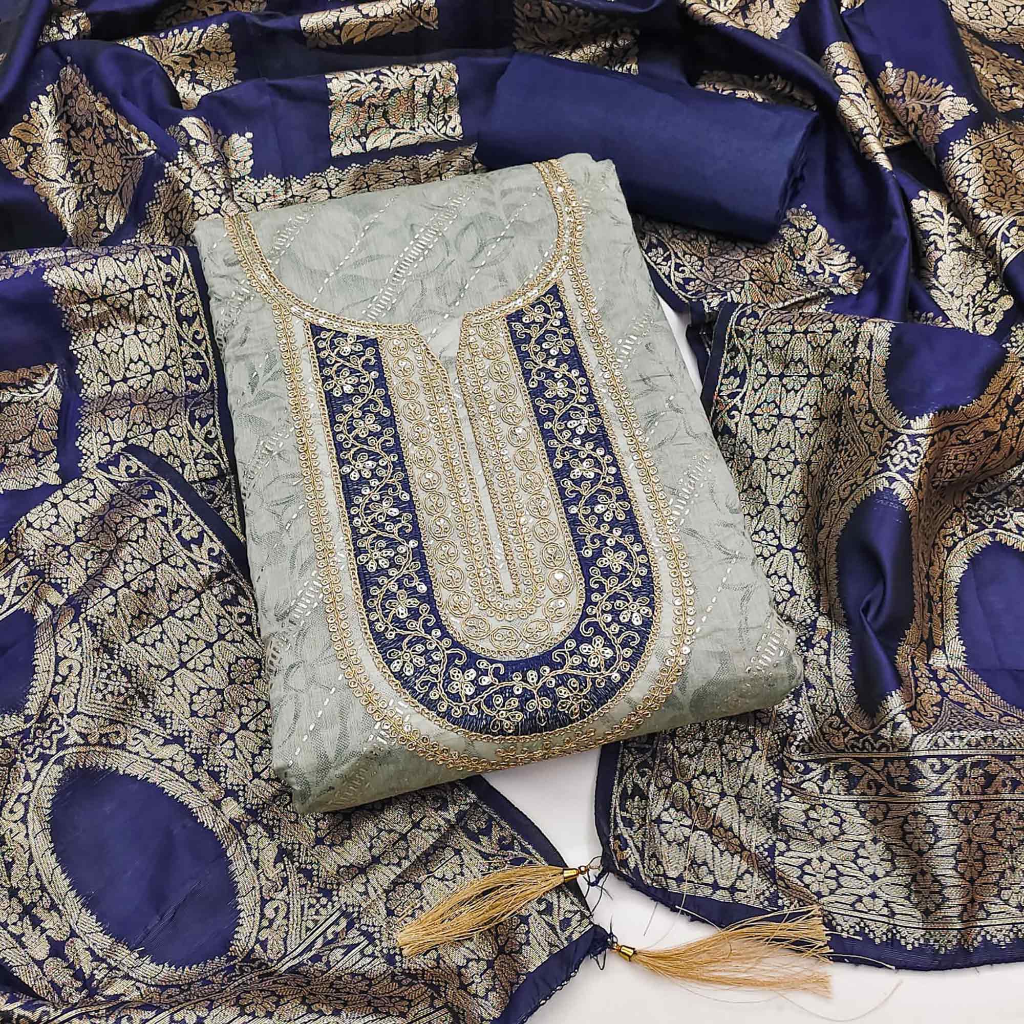 Grey Floral Printed Chanderi Silk Dress Material Embellished With Sequins & Cording