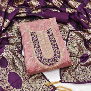 Pink Floral Printed Chanderi Silk Dress Material Embellished With Sequins & Cording