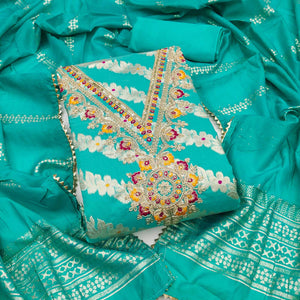Turquoise Jacquard Dress Material with Shimmering Zari Weave in Traditional Banarasi Style