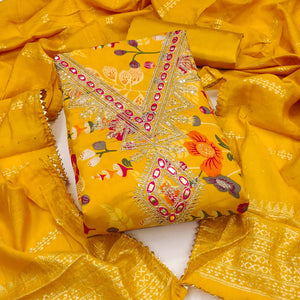 Yellow Dress Fabric in Chanderi Silk Blended with Floral Patterns and Delicate Thread Work
