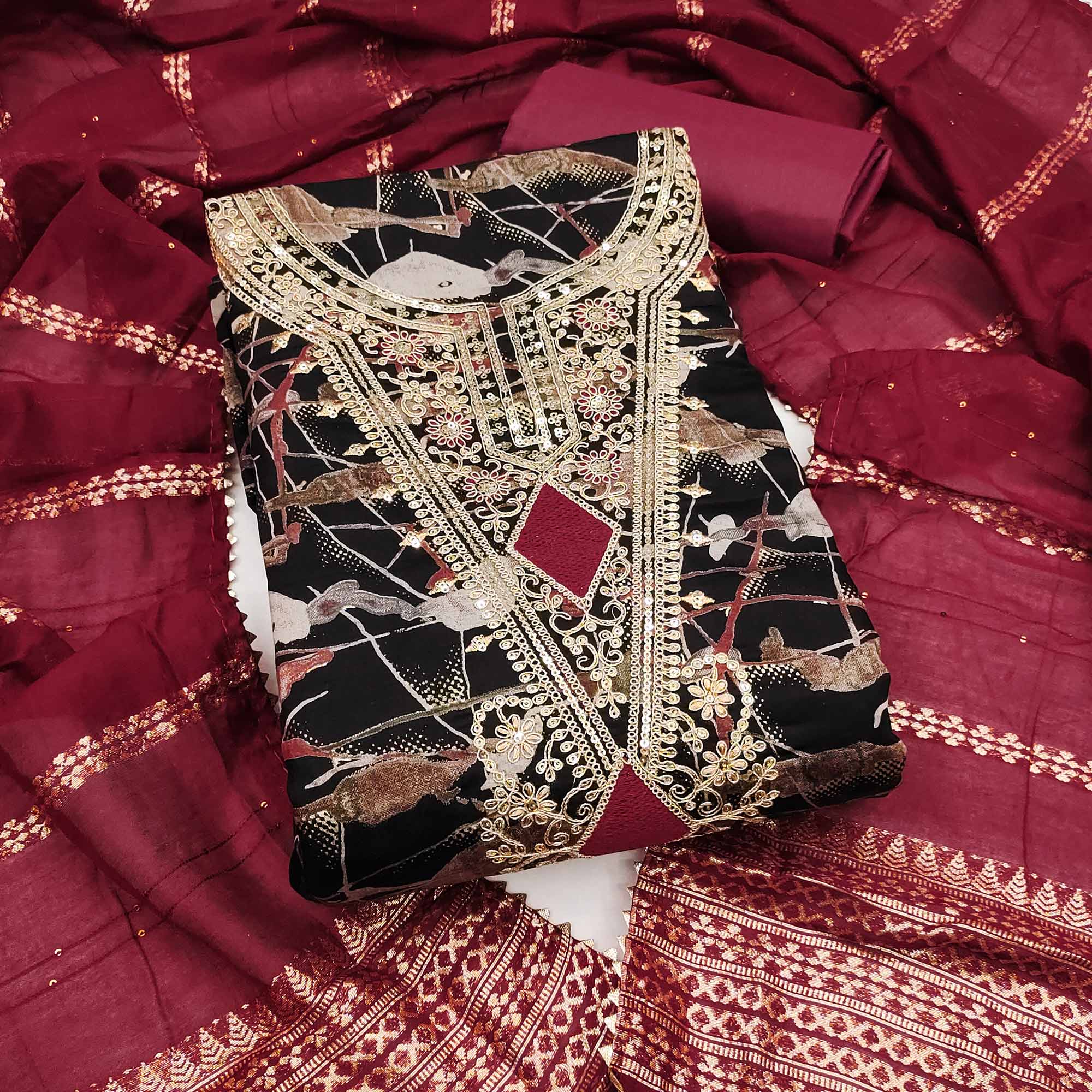 Black Printed Dress Material With Sequins & Cording Work In Chanderi Roman Silk