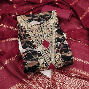 Black Printed Dress Material With Sequins & Cording Work In Chanderi Roman Silk
