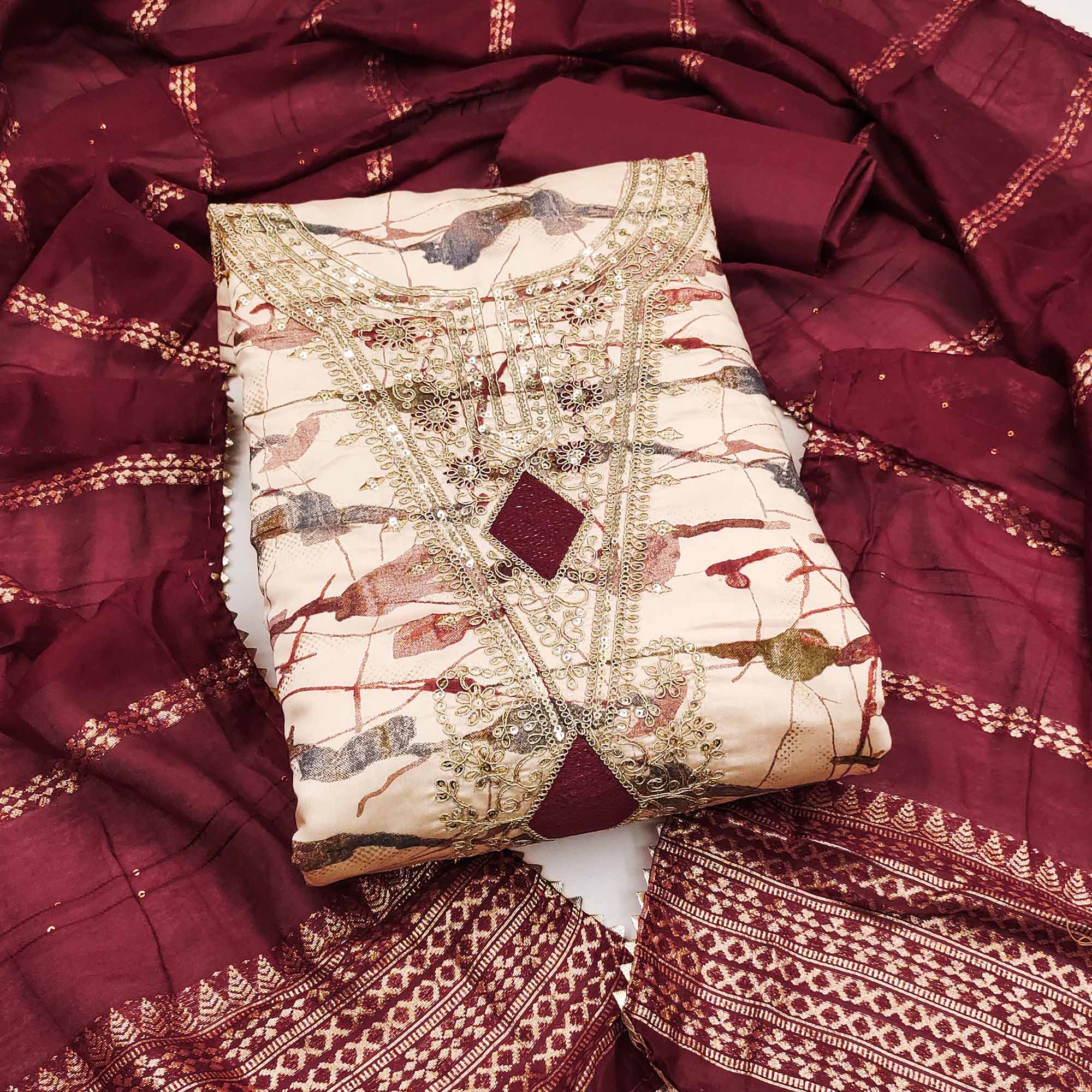 Cream Printed Dress Material With Sequins & Cording Work In Chanderi Roman Silk
