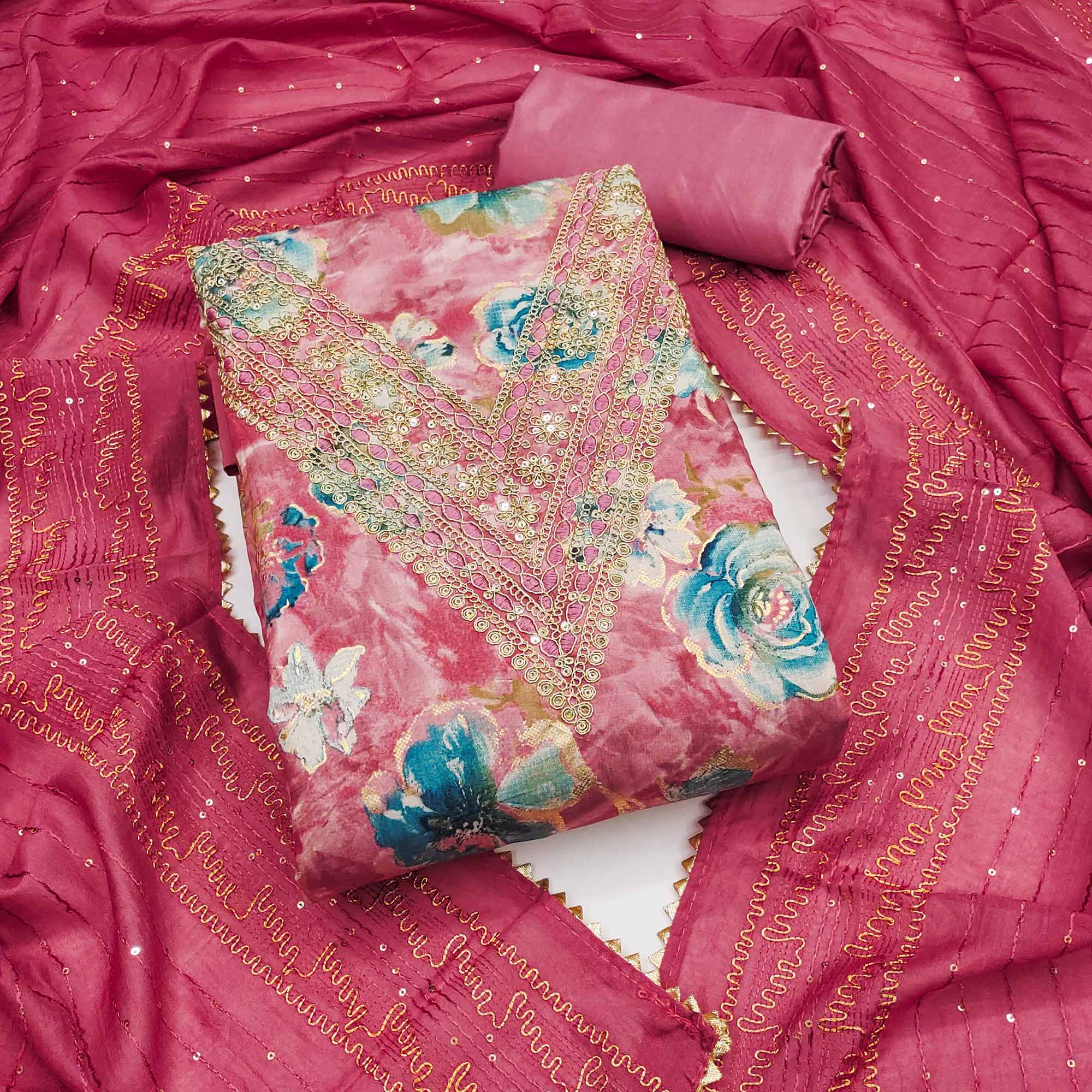 Pink Printed Dress Material With Sequins & Cording Work In Chanderi Roman Silk