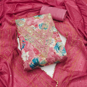 Pink Printed Dress Material With Sequins & Cording Work In Chanderi Roman Silk