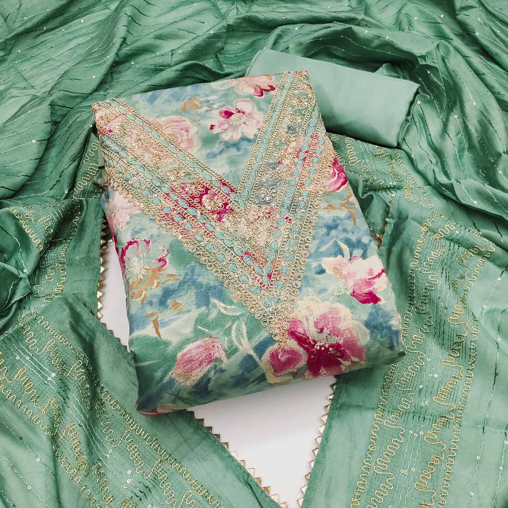 Pista Green Printed Dress Material With Sequins & Cording Work In Chan