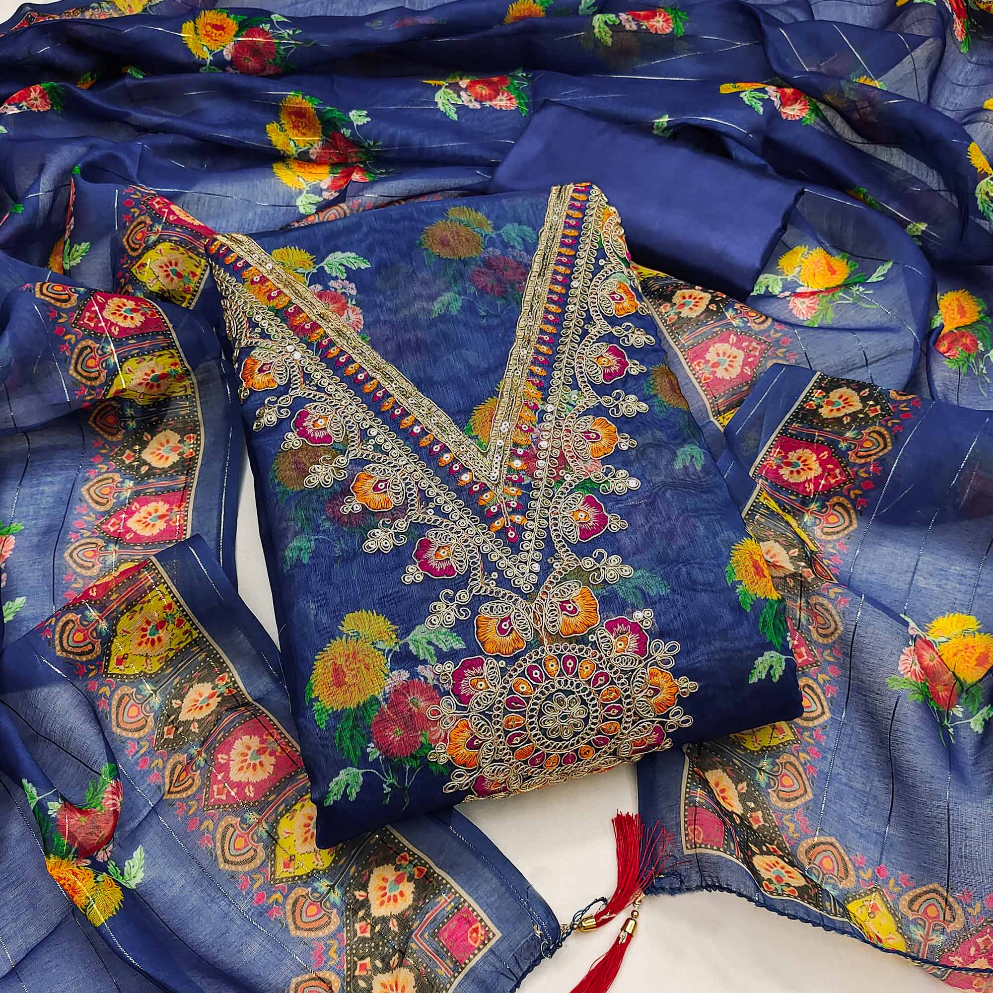 Blue Floral Digital Print Dress Material With Sequins & Cording Embroidery On Chanderi Silk