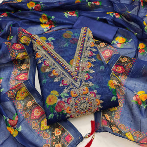 Blue Floral Digital Print Dress Material With Sequins & Cording Embroidery On Chanderi Silk