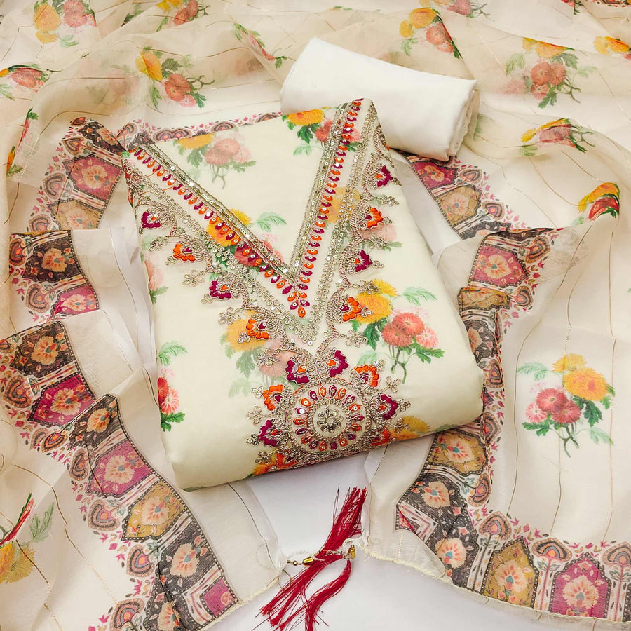 Cream Floral Digital Print Dress Material With Sequins & Cording Embro
