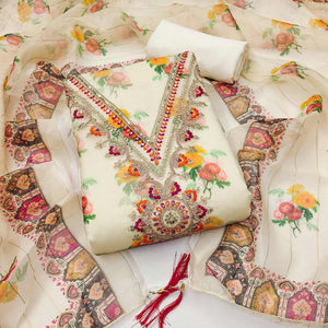 Cream Floral Digital Print Dress Material With Sequins & Cording Embroidery On Chanderi Silk