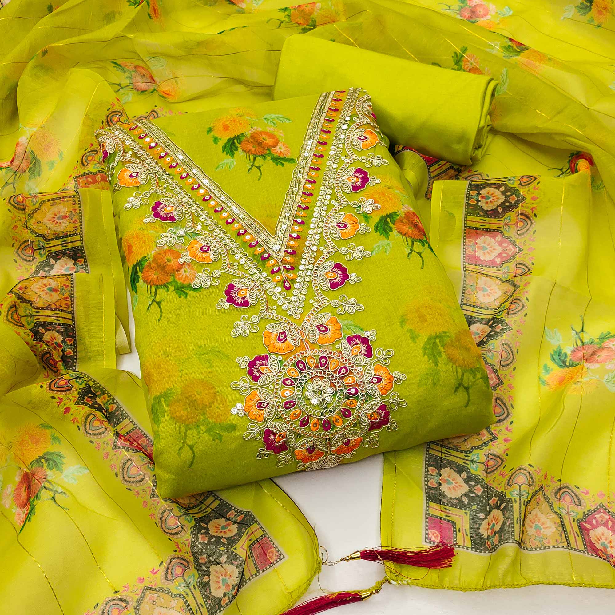 Green Floral Digital Print Dress Material With Sequins & Cording Embroidery On Chanderi Silk