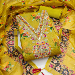 Mustard Floral Digital Print Dress Material With Sequins & Cording Embroidery On Chanderi Silk