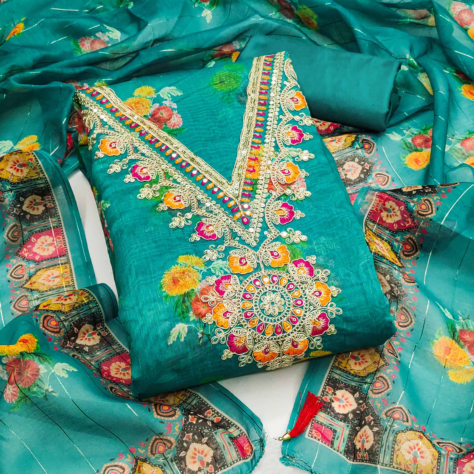 Teal Floral Digital Print Dress Material With Sequins & Cording Embroidery On Chanderi Silk