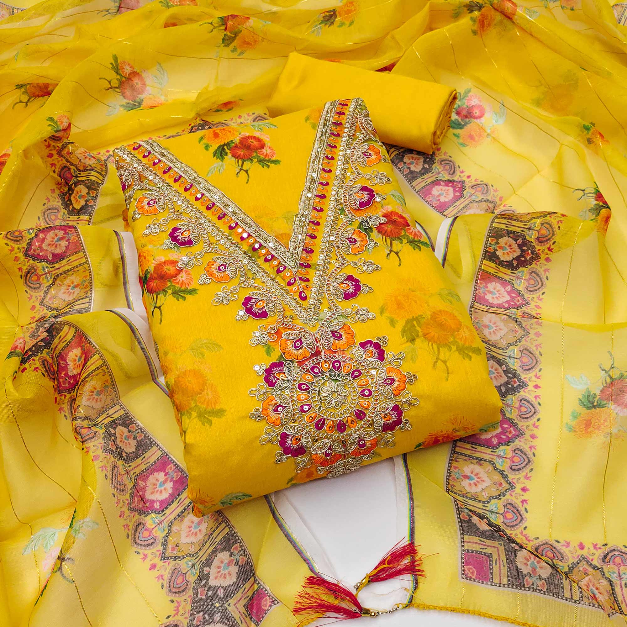 Yellow Floral Digital Print Dress Material With Sequins & Cording Embroidery On Chanderi Silk