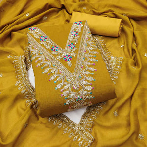 Mustard Floral Printed Vichitra Silk Dress Material With Sequins & Cording Work