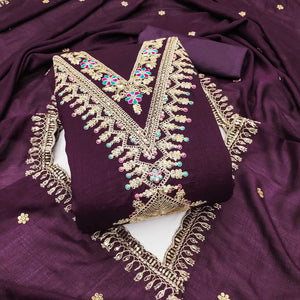 Wine Floral Printed Vichitra Silk Dress Material With Sequins & Cording Work