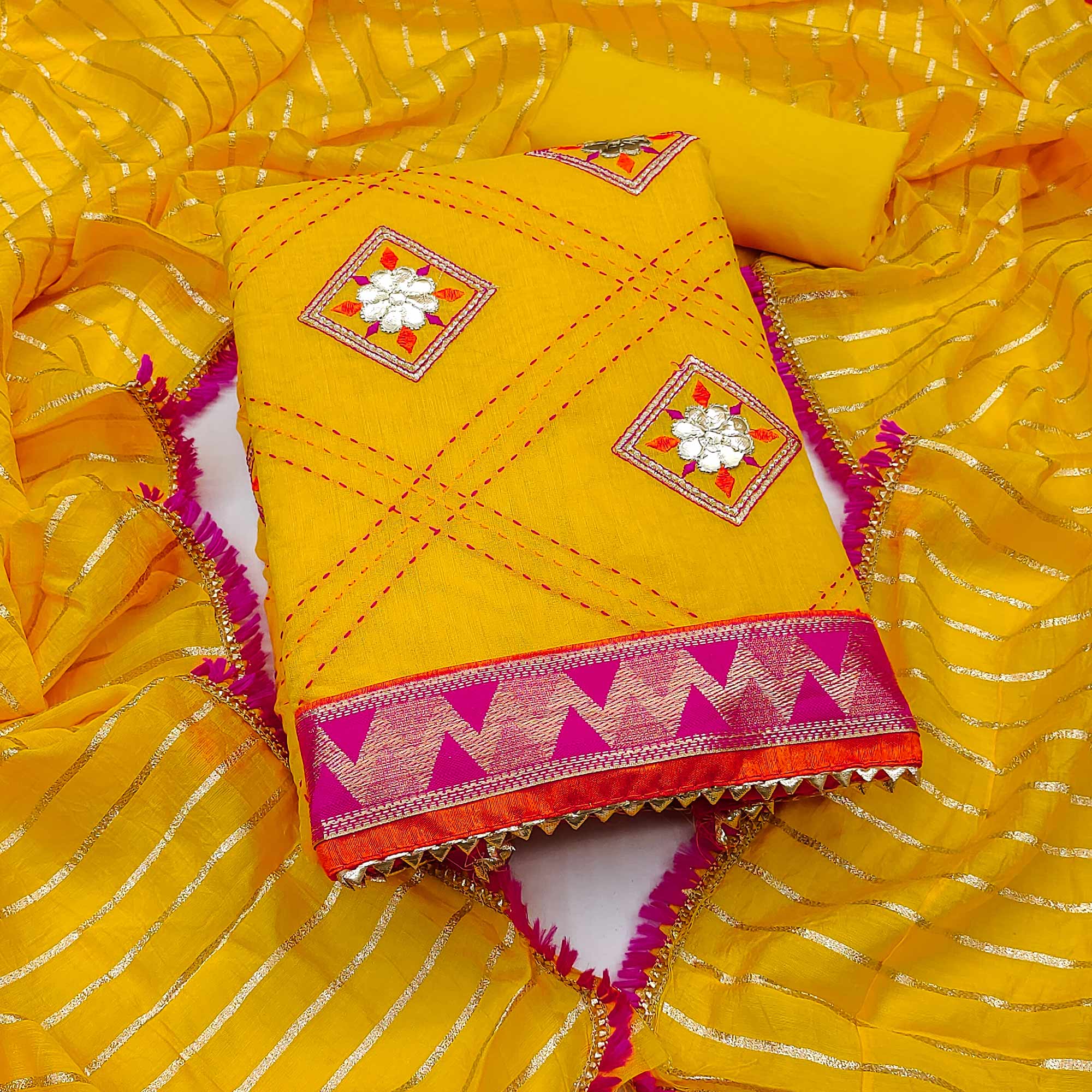 Yellow Chanderi Dress Material Featuring Gota Patti Work & Delicate Floral Embroidery