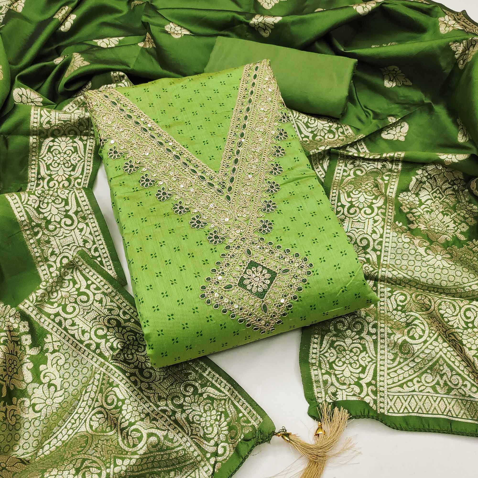 Green Printed Chanderi Silk Dress Material With Cording Sequins Embroidery On Neck
