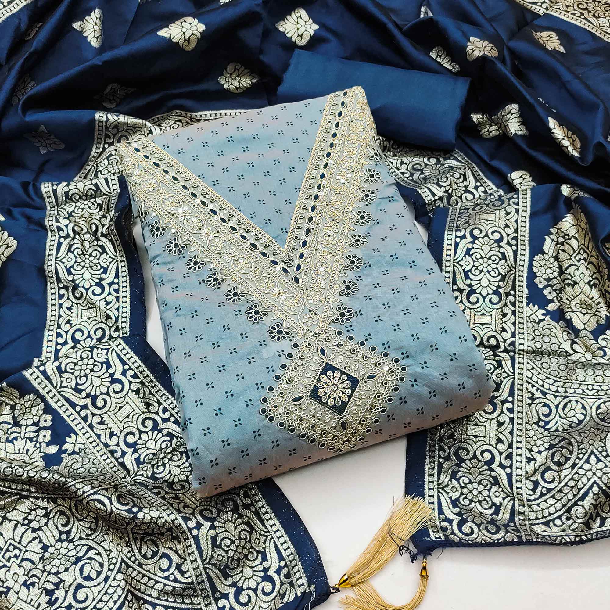 Grey Printed Chanderi Silk Dress Material With Cording Sequins Embroidery On Neck