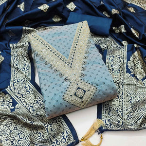 Grey Printed Chanderi Silk Dress Material With Cording Sequins Embroidery On Neck