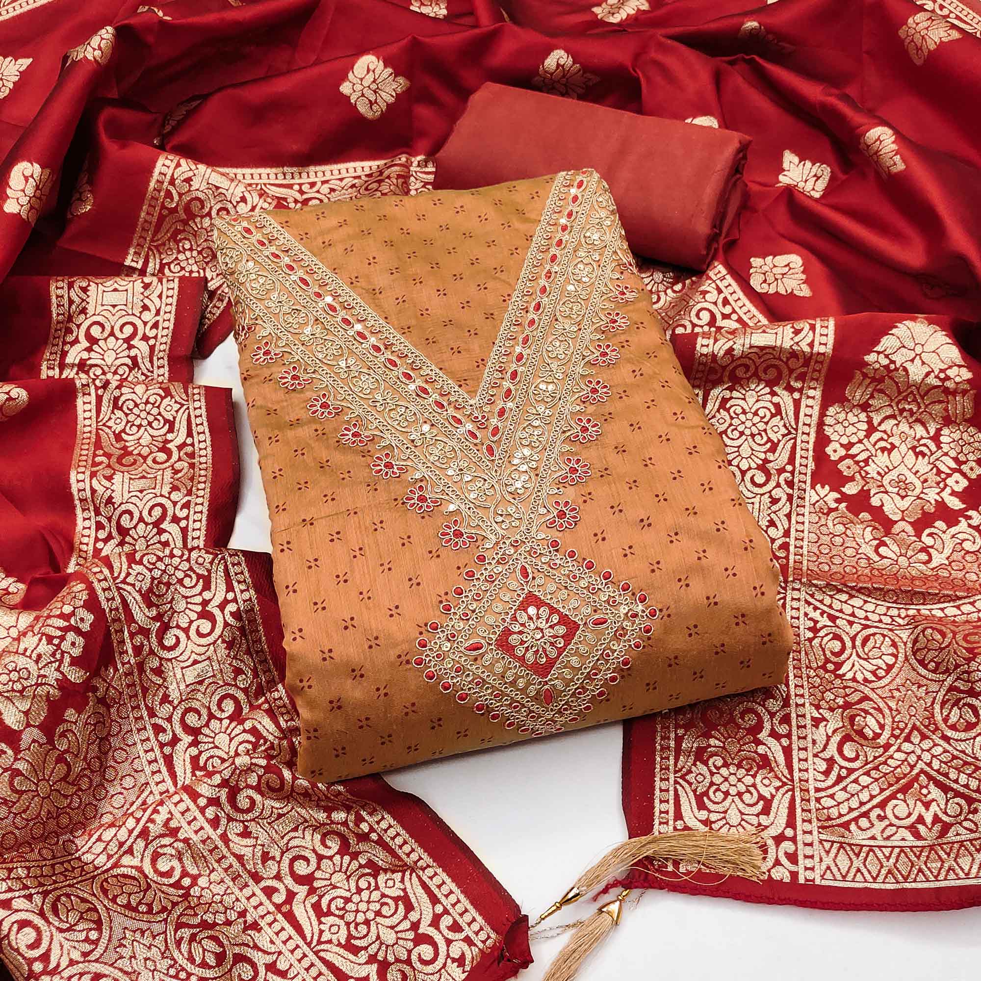 Orange Printed Chanderi Silk Dress Material With Cording Sequins Embroidery On Neck