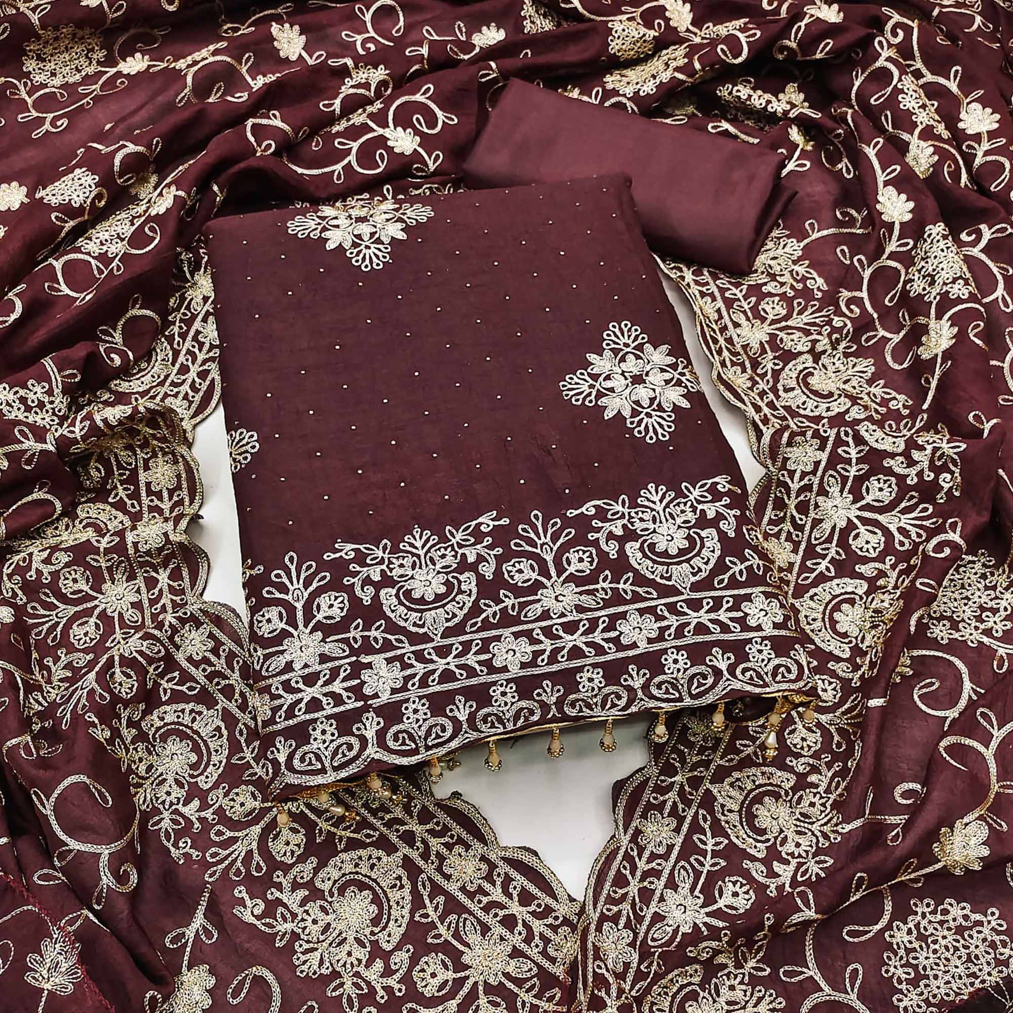 Brown Floral Zari Embroidery With Swarovski Work Vichitra Silk Dress Material