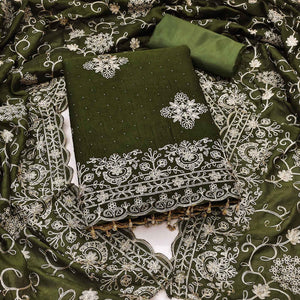 Mehendi Green Floral Zari Embroidery With Swarovski Work Vichitra Silk Dress Material