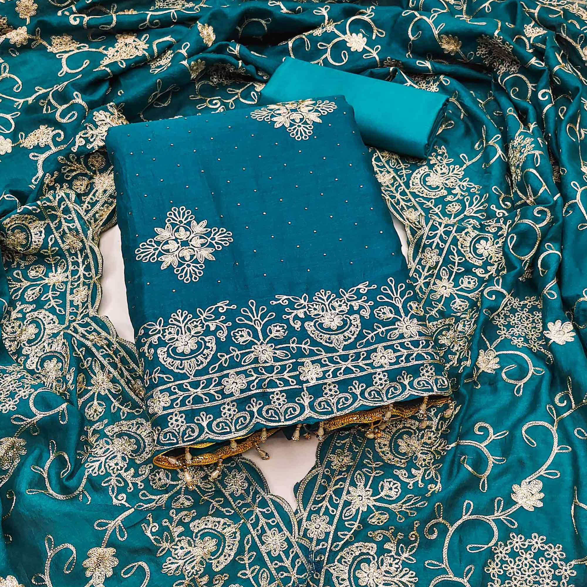 Morpich Blue Floral Zari Embroidery With Swarovski Work Vichitra Silk Dress Material