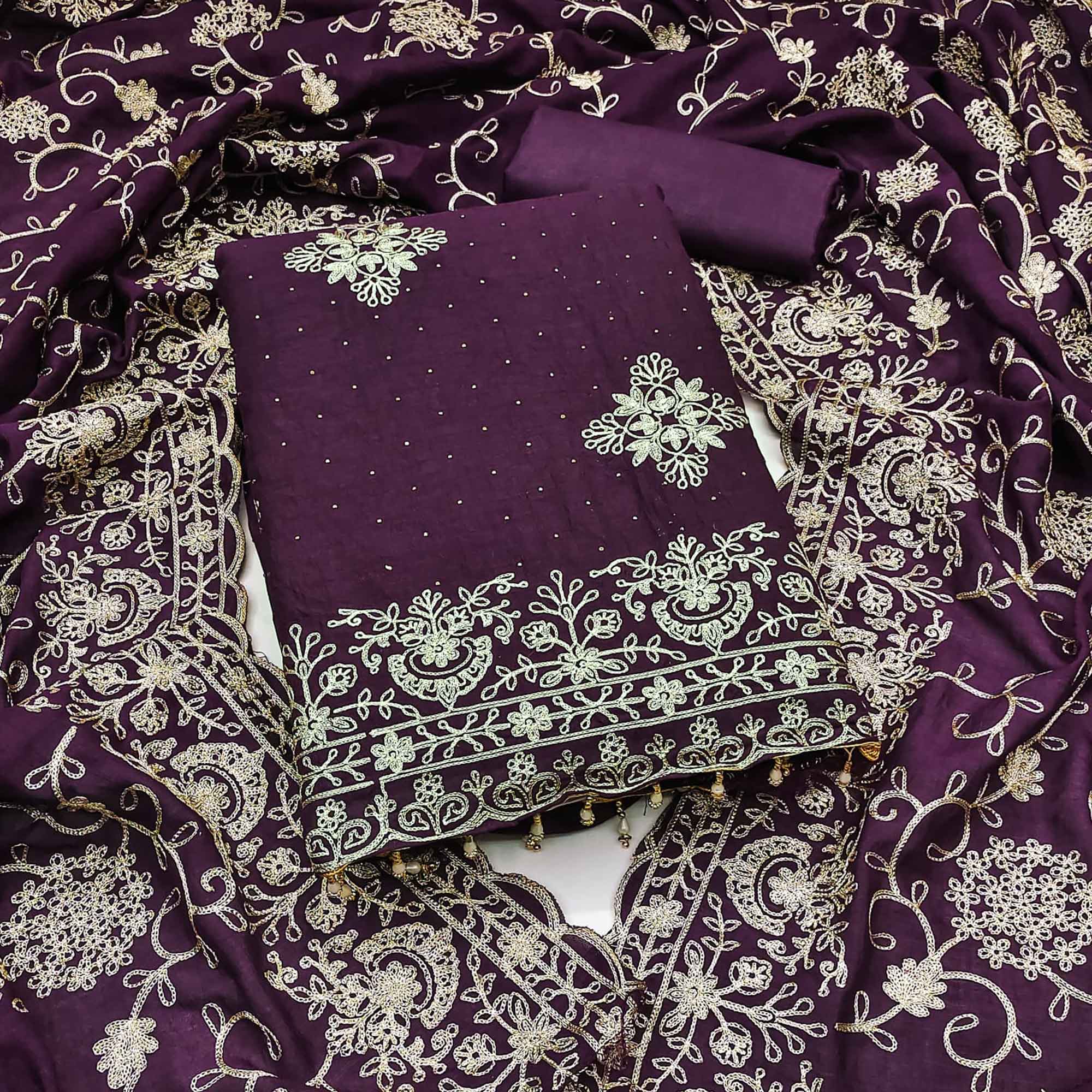 Wine Floral Zari Embroidery With Swarovski Work Vichitra Silk Dress Material