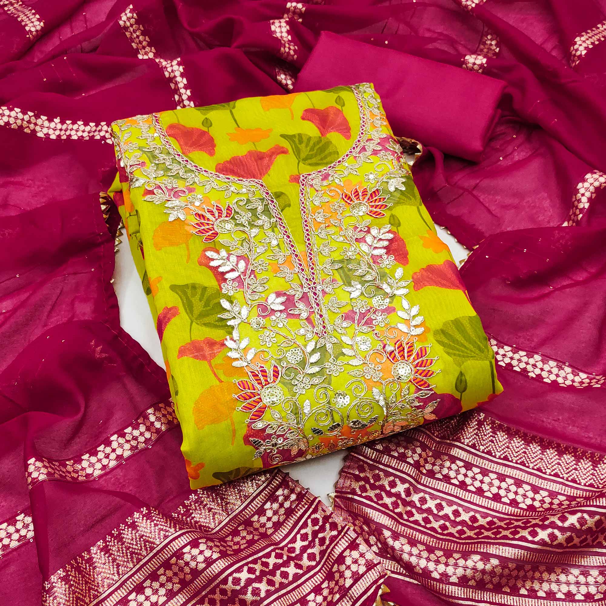 Green Floral Printed With Sequins & Cording Embroidery Chanderi Silk Dress Material