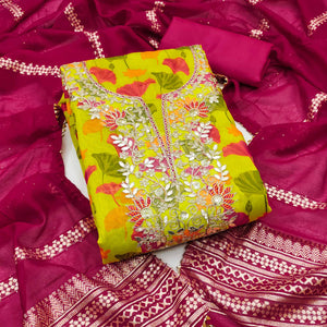 Green Floral Printed With Sequins & Cording Embroidery Chanderi Silk Dress Material