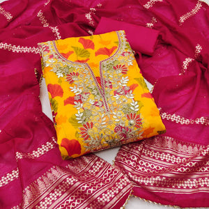 Yellow Floral Printed With Sequins & Cording Embroidery Chanderi Silk Dress Material