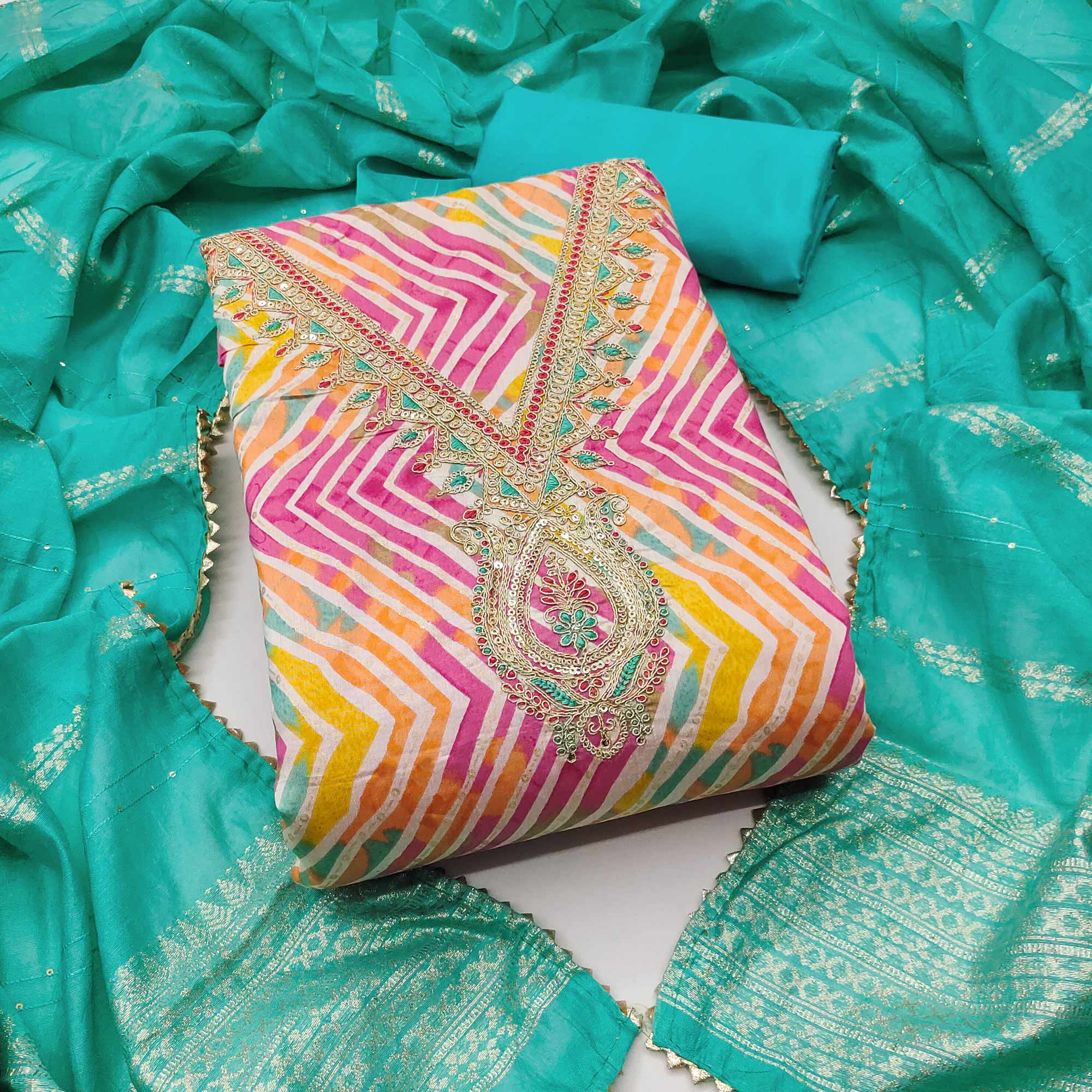 Rani Pink Zig Zag Printed With Sequins & Cording Embroidery Chanderi Silk Dress Material