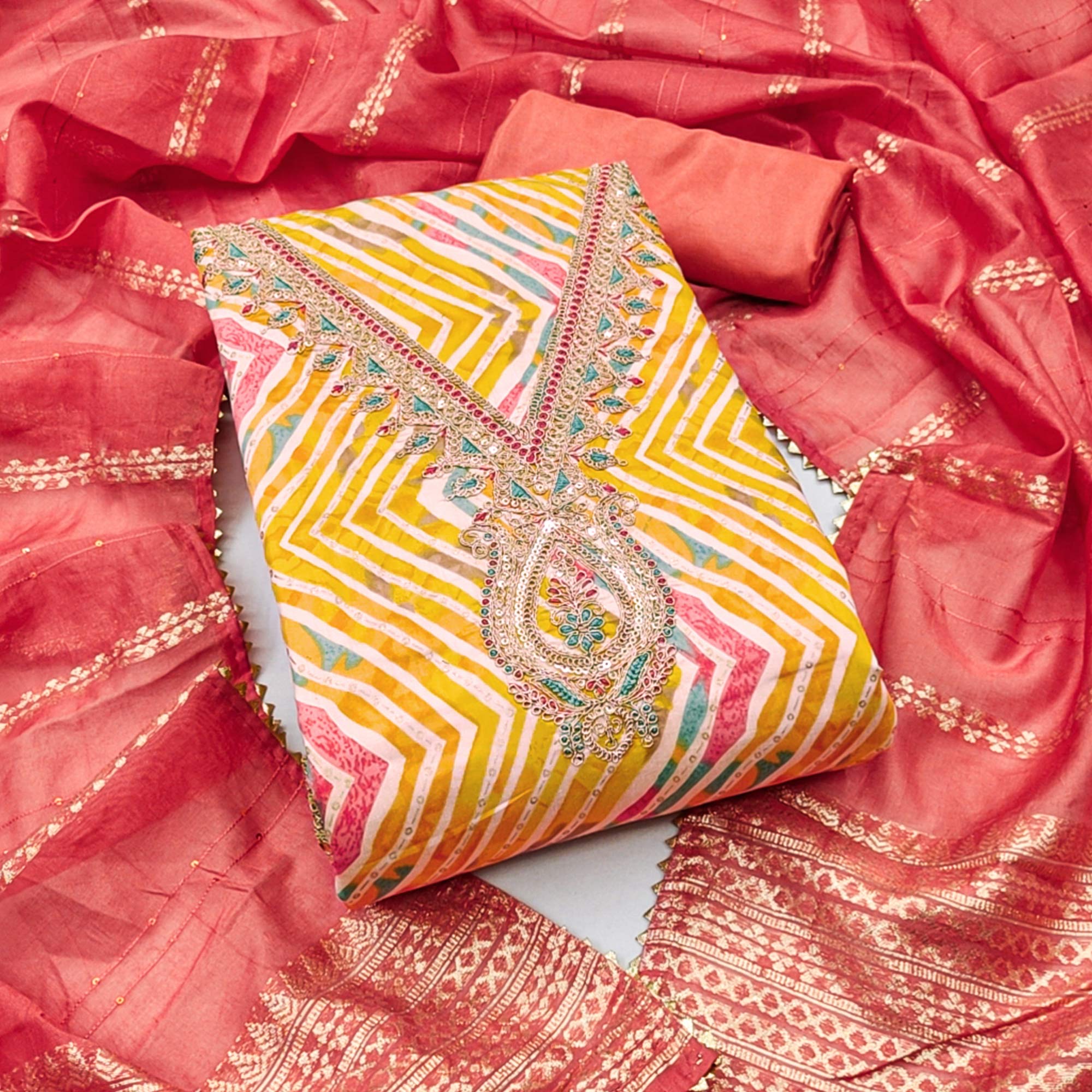 Yellow Zig Zag Printed With Sequins & Cording Embroidery Chanderi Silk Dress Material