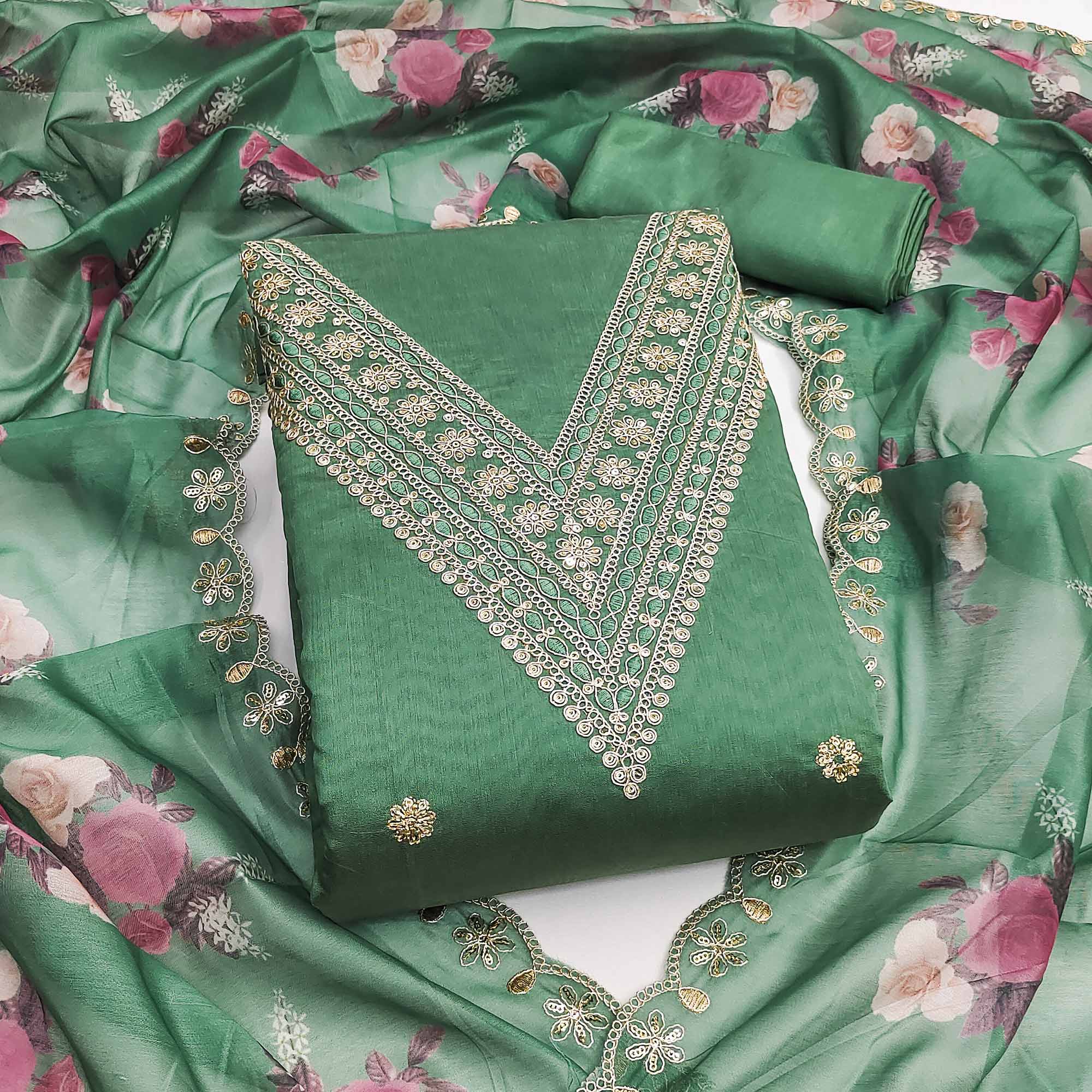 Green Floral Cording Embroidery With Sequins Work Chanderi Silk Dress Material