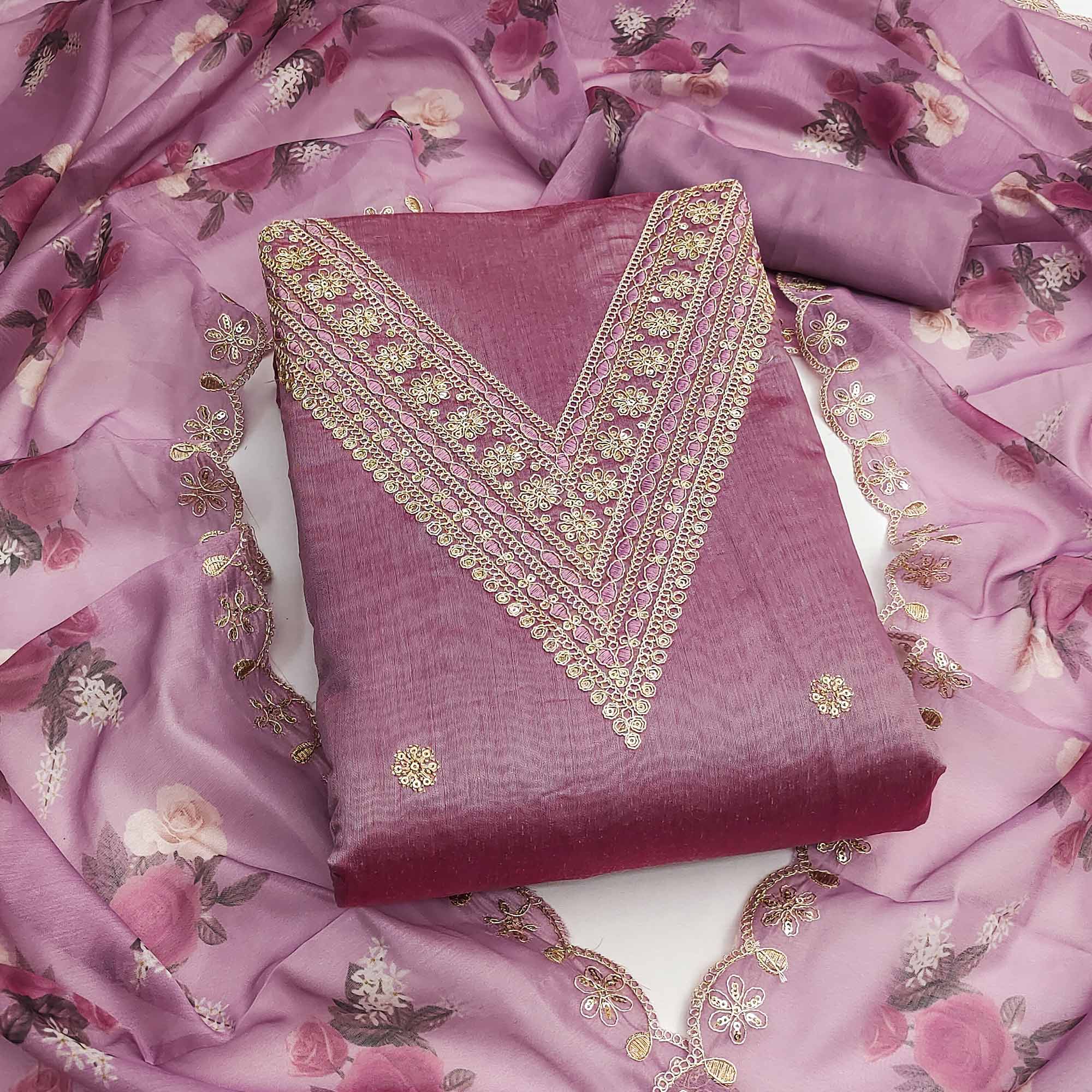 Lilac Purple Floral Cording Embroidery With Sequins Work Chanderi Silk Dress Material